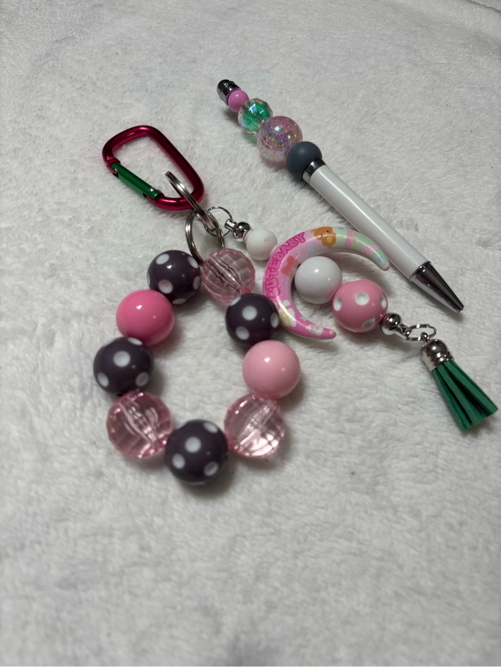 Cute Kawaii Pink Green & Gray Beaded Keychain Charm with Tassel and Matching Pen